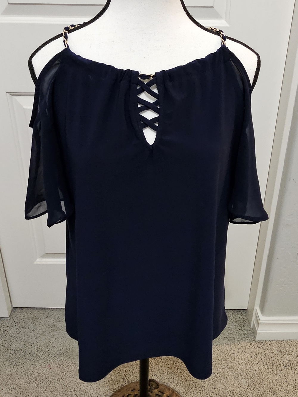 Always Indigo- Women's Navy Cold-Shoulder Blouse with Crisscross Neckline